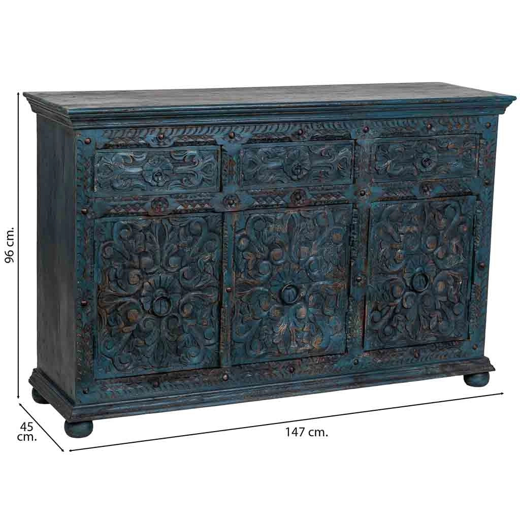 Credenza artigianale in legno, blu, 147x45x96h cm