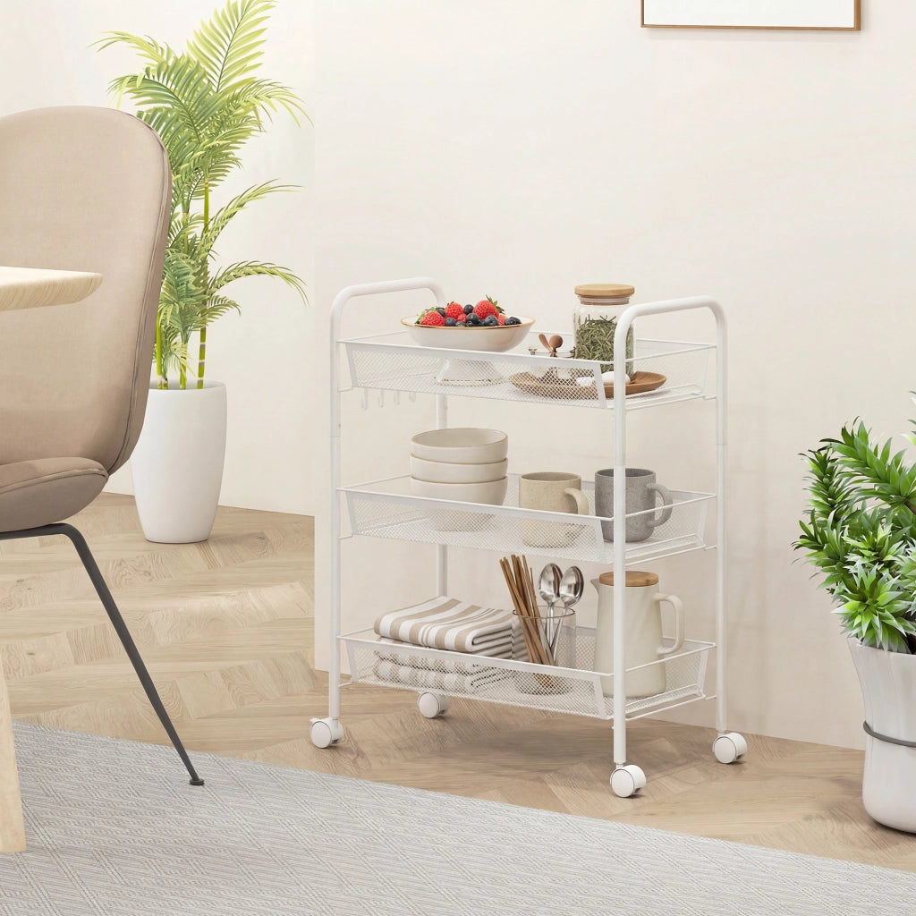 Carrello a 3 livelli con cesti ¨C zephmum ¨C bianco 45x26.5x63 cm