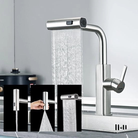 Keukenkraan ad alta pressione con sbriciolatore estensibile, sbriciolatore estensibile, miscelatore rubinetto vasca, rubinetto cucina 360° girevole, 3 sbriciolatori, acciaio inossidabile