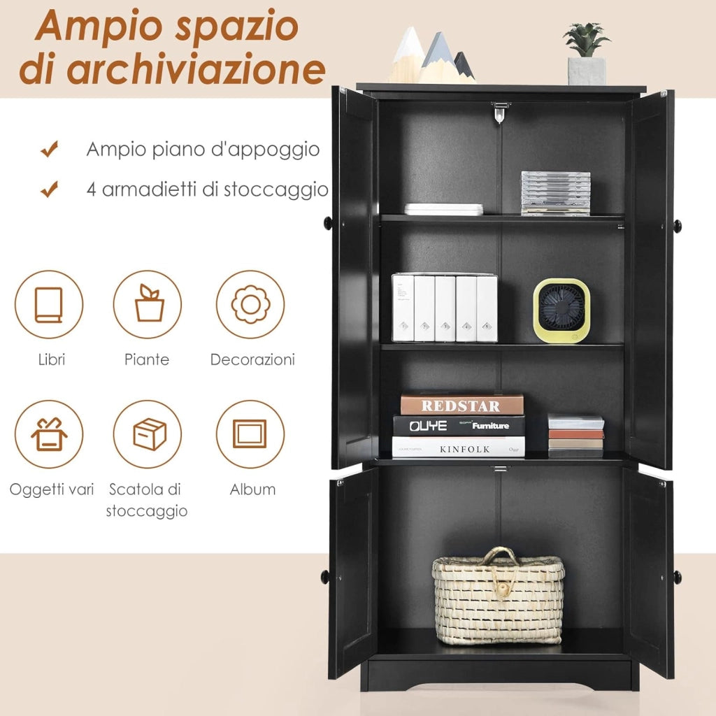 Mobile Multiuso, Armadio da Soggiorno, Credenza da Cucina in Legno, con 4 Ripiani, 58,5 x 31,4 x 123cm, Bianco e Nero (Nero)