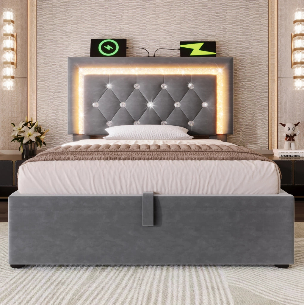 Letto singolo 90x200 cm con materasso, LED, USB-C e contenitore