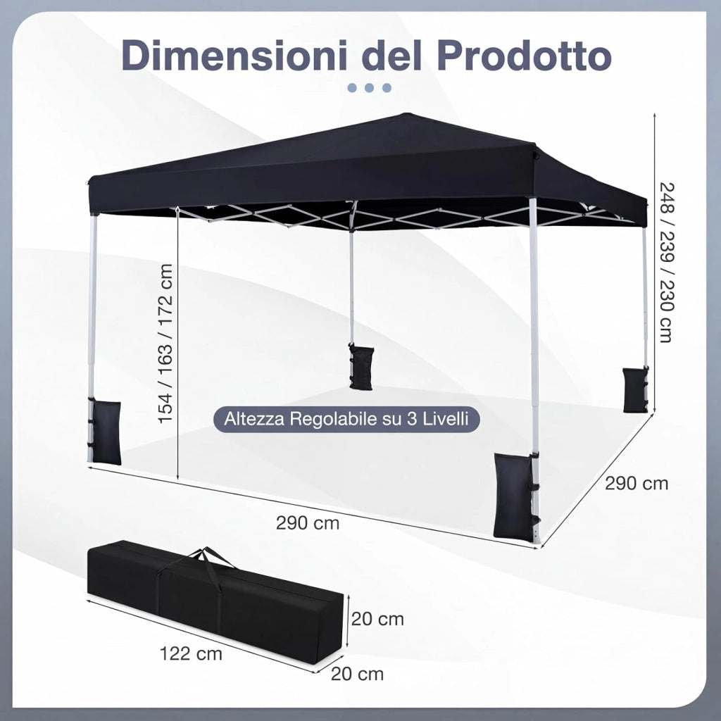 Gazebo da Esterno Pieghevole 290 x 290 cm, Gazebo Pop up con 4 Sacchi di Sabbia e Borsa da Trasporto, Regolabile in Altezza, Telaio Robusto in Metallo, per Mercato, Campeggio (Nero)