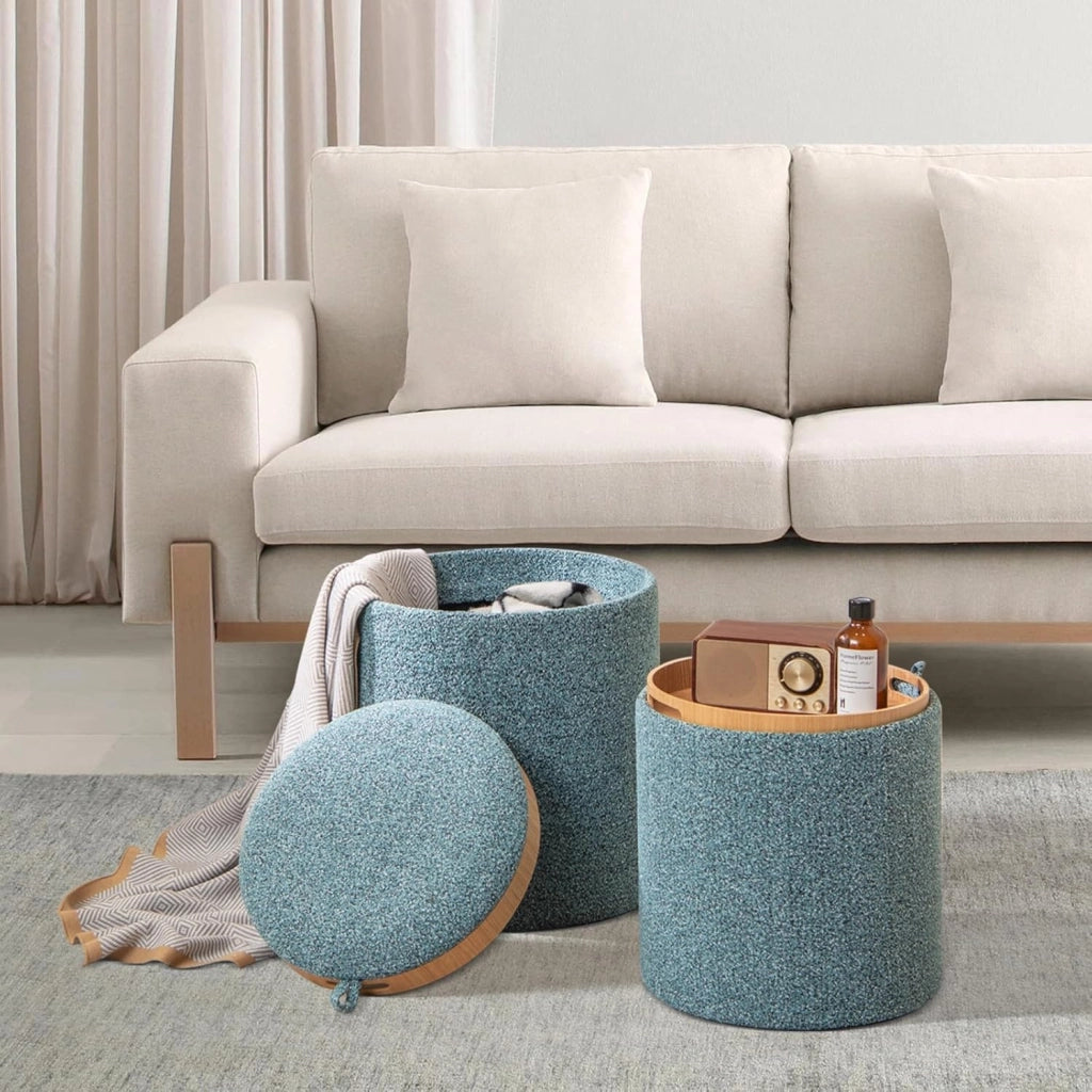 Set di 2 Pouf Contenitore, Pouf Rotondi Imbottiti da 41L+25L, con Vassoio Reversibile, Sgabello Contenitore Multifunzionale per Soggiorno, Camera da Letto, Portata 160 kg