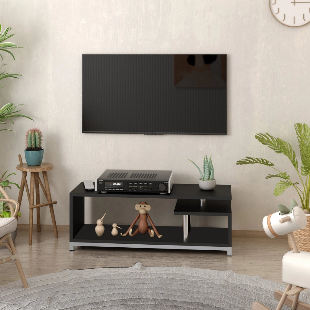 Easycomfort Mobile TV Moderno con Ripiano in Legno, Mobiletto Tavolino Basso da Salotto 114x40x40.5cm, Nero