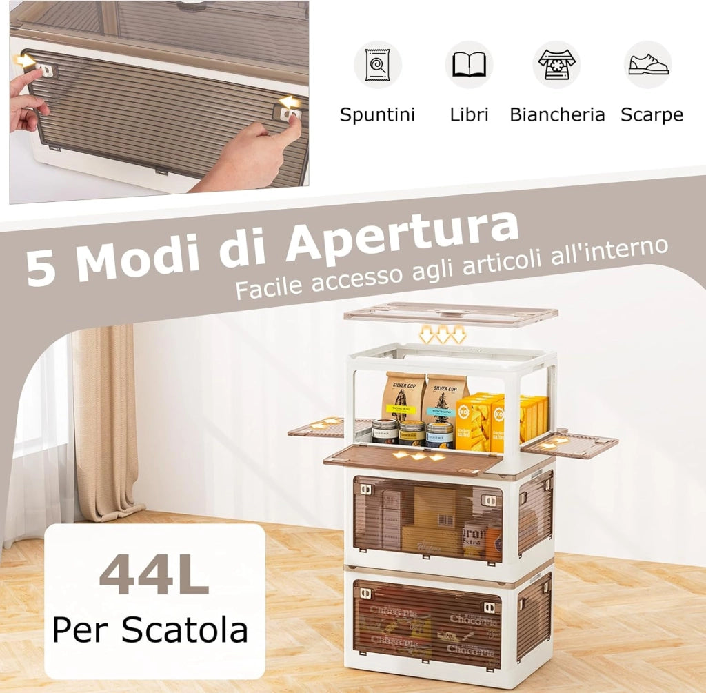 Set di 3 Contenitori Impilabili con Coperchi, Contenitori Pieghevoli in Plastica 132/90 L, Organizzatore con Ruote per Camera da Letto Soggiorno e Cucina (51,5x36,5x88cm)