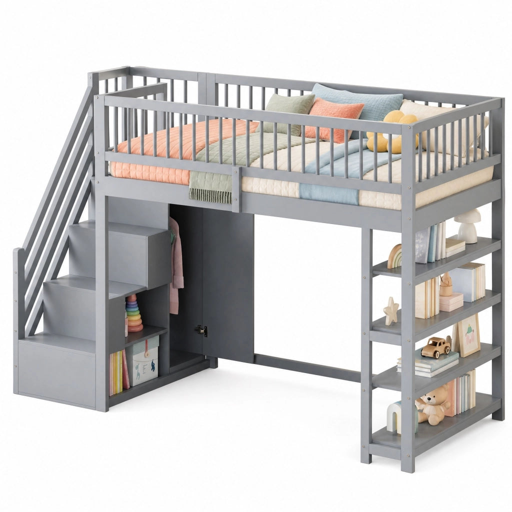 Letto a soppalco 90 x 200 cm in legno massello grigio con armadi; ripiani e scala di sicurezza