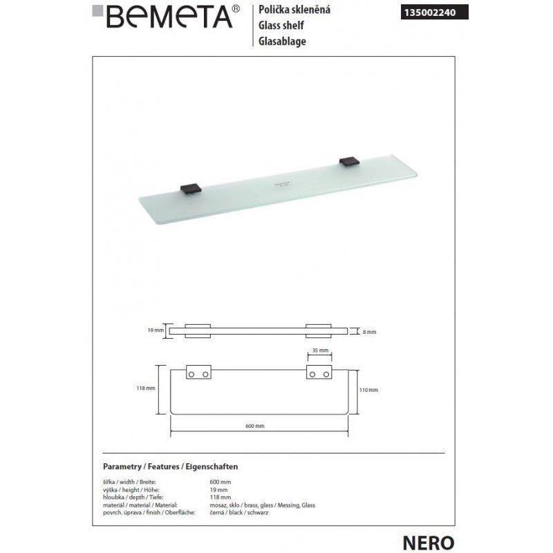 Mensola da parete NERO in ottone nero 60 x2 x5,9 cm