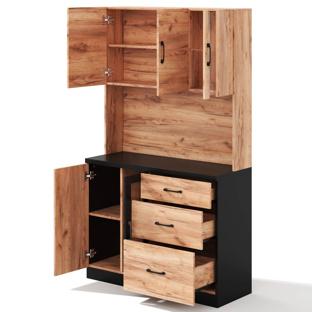 Pensile Alto da Cucina con LED e Ripiani ¨C MINIMAL ¨C Nero e Legno 105x40x180 cm