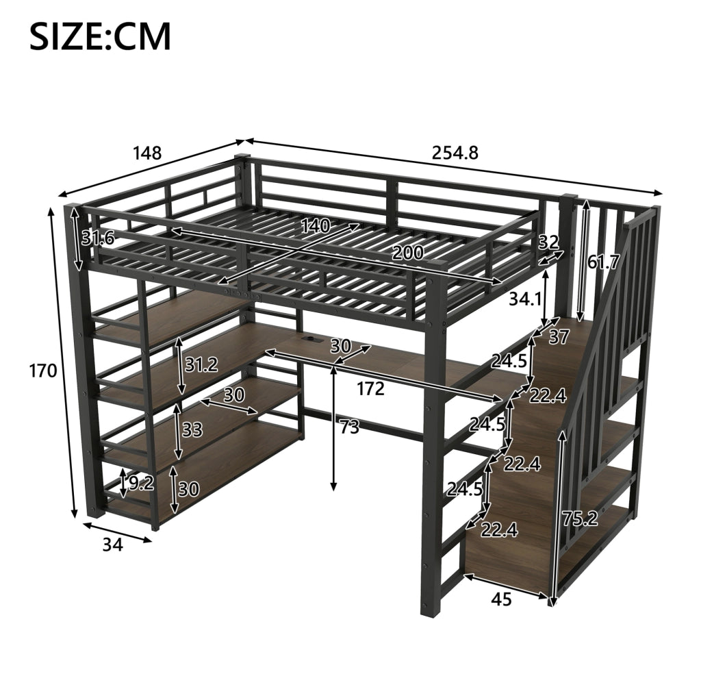 Letto a soppalco 140x200 cm in metallo nero con scrivania; scala contenitore; LED e scaffale a 4 ripiani