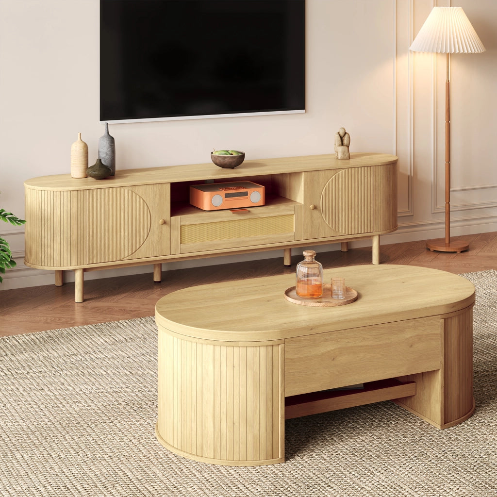 Set di Mobili da Soggiorno con 1 Tavolino da Salotto Regolabile in Altezza e 1 Mobile TV; Contenimento e Gestione Cavi; MDF; Naturale