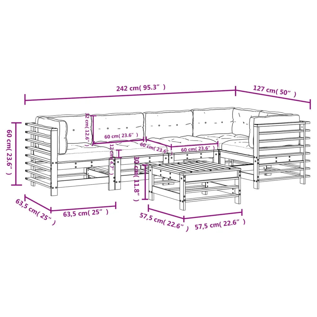 Set Divani da Giardino 6pz con Cuscini in Legno Massello Bianco