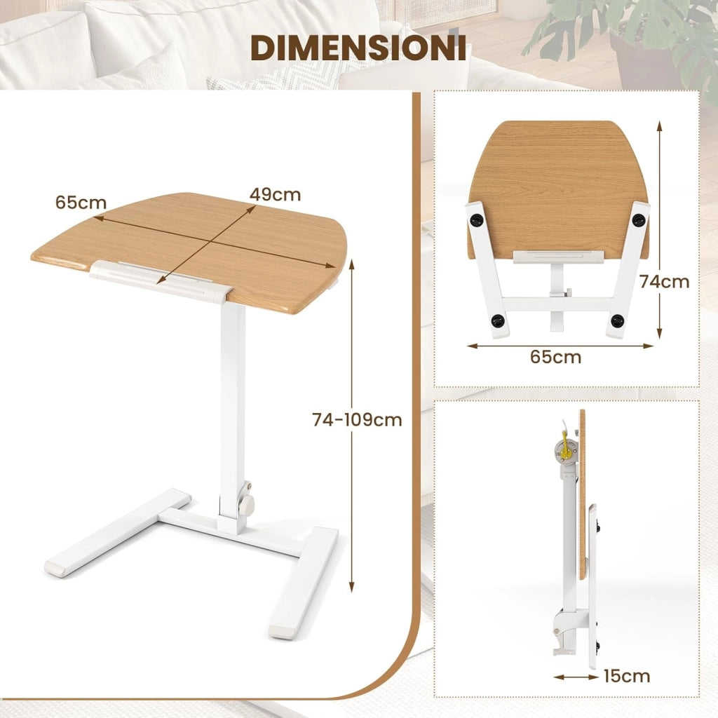 Tavolino da Letto e Divano, Tavolino Pieghevole e Regolabile in Altezza con Ruote e Piano Inclinabile a 90°, Mobile Multifunzionale e Portatile per Lavorare e Mangiare da Casa e Ufficio
