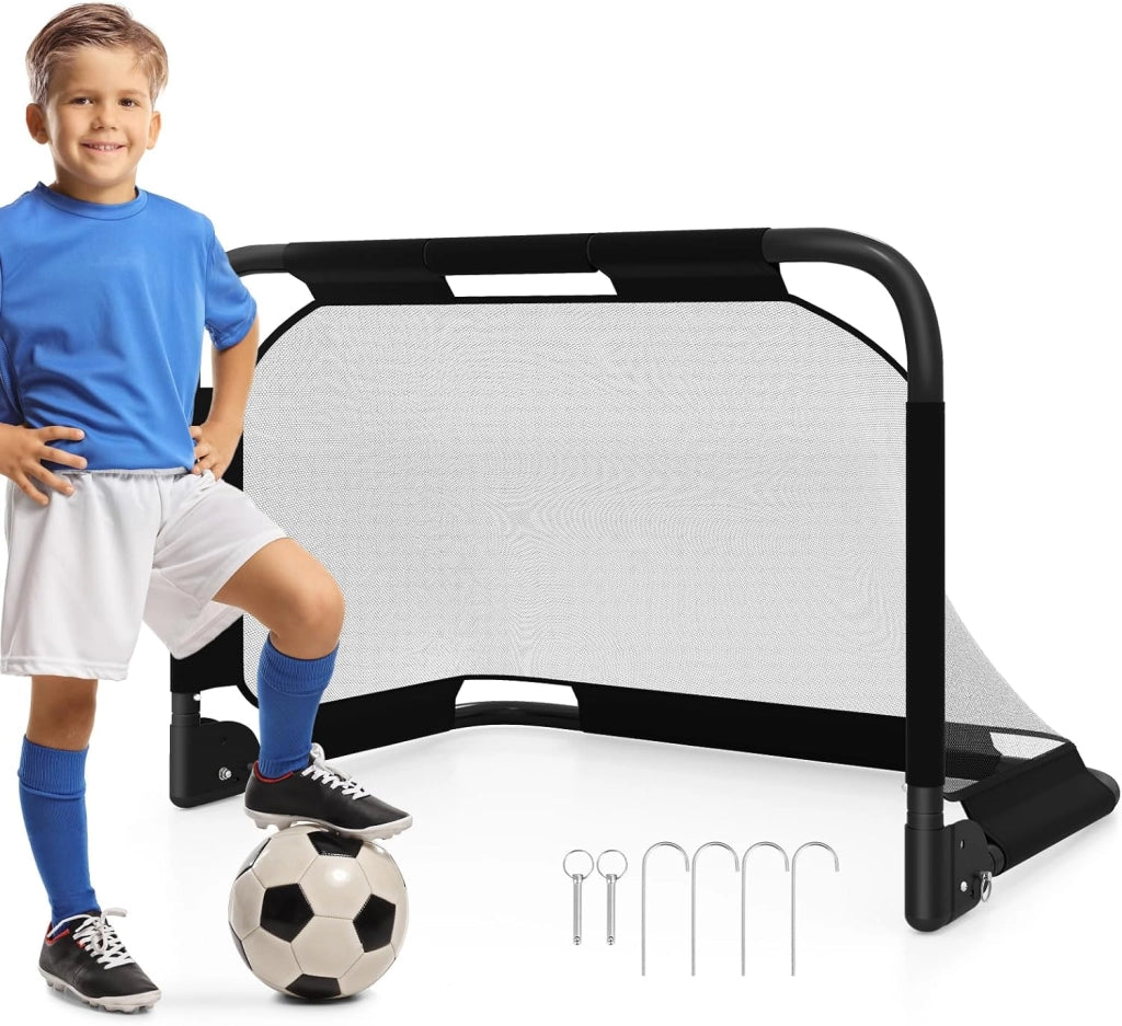 Porta da Calcio Pieghevole, Mini Rete da Calcio per Bambini con Tubo in Metallo e 4 Picchetti, Kit da Allenamento per Bambini 6+ Anni, per Parco, Spiaggia e Cameretta, 91 x 62 x 62 cm