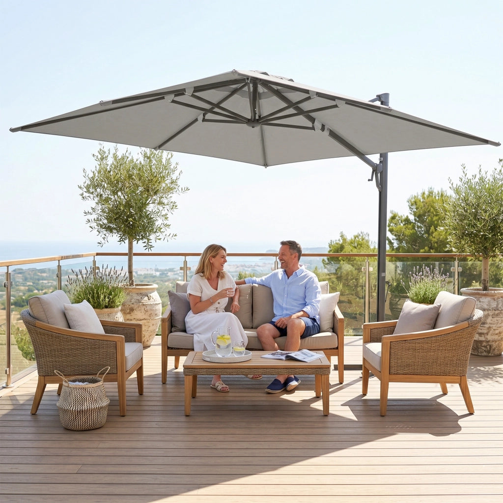 Ombrellone a Sbalzo con Base ¨C zephmum ¨C Poliestere, Alluminio, Grigio Chiaro, 365x297x256 cm