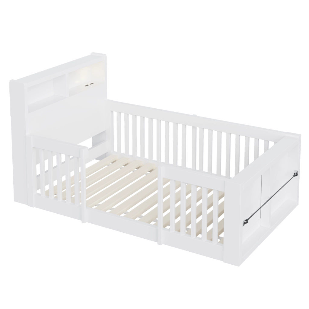 Letto per bambini singolo 90×190 cm con sponde alte; USB; luce notturna e vano; senza materasso; bianco