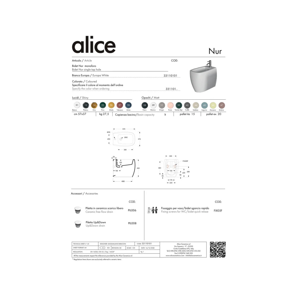 Coppia Di Sanitari Alice Ceramica Da Terra Filo Muro Senza Brida Bianco Lucido "Nur"