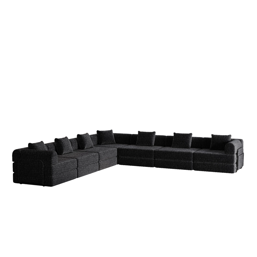Divano letto modulare a un posto con contenitore nel bracciolo e struttura in acciaio in ciniglia nero