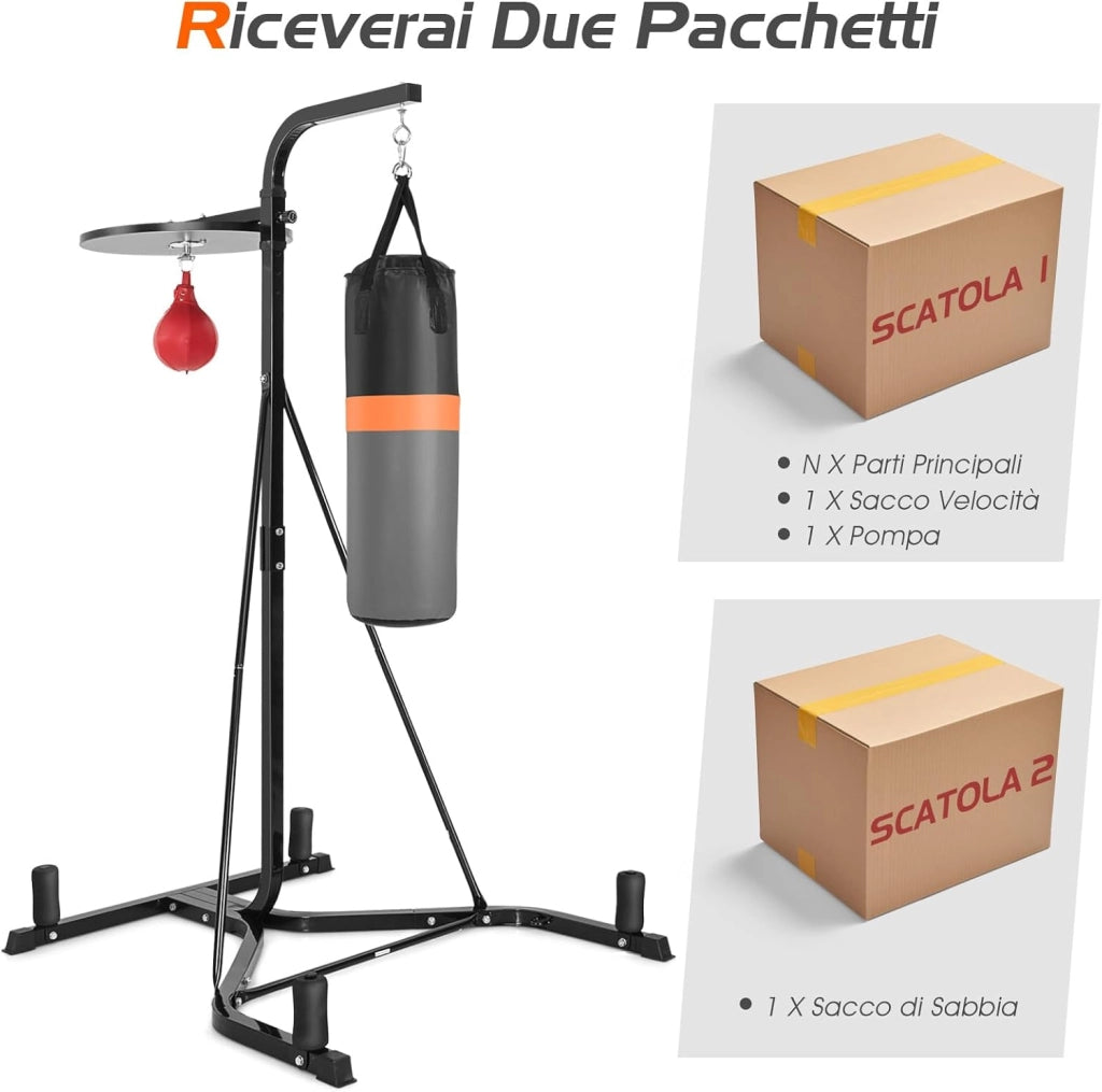 Supporto per Sacco da Boxe e Punching Ball Regolabile, Sacco Boxing da Terra con Struttura in Metallo Robusta e Base Stabile, Attrezzi Pugilato Autoportante da Casa per Adulti