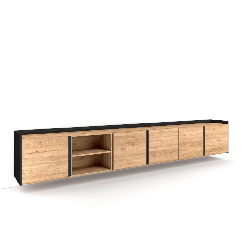 Mobile TV Soggiorno, 309x50x35 cm, Per TV fino a 80", Sospeso, da appendere, Rovere e nero