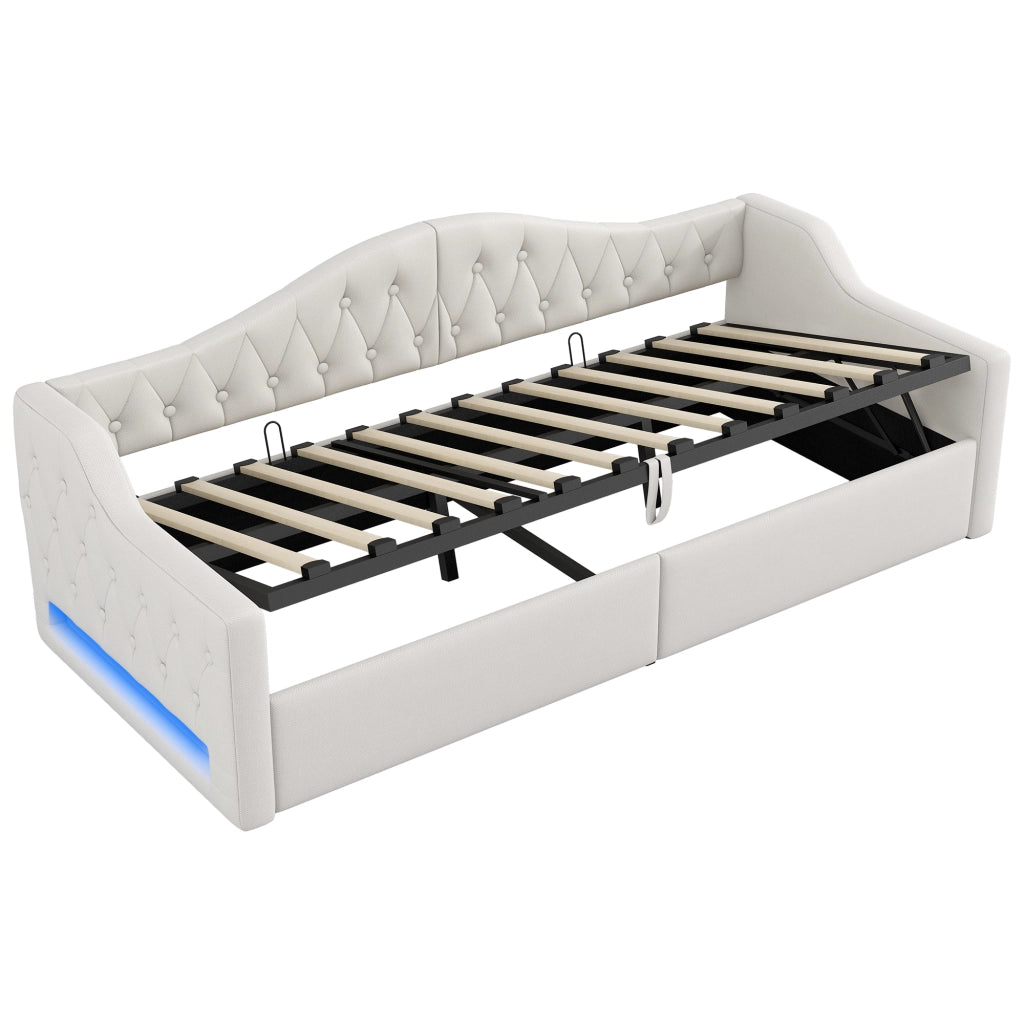 Letto a Divanetto 90x200 cm con Schienale; LED e Contenitore; Imbottito in Lino - Beige