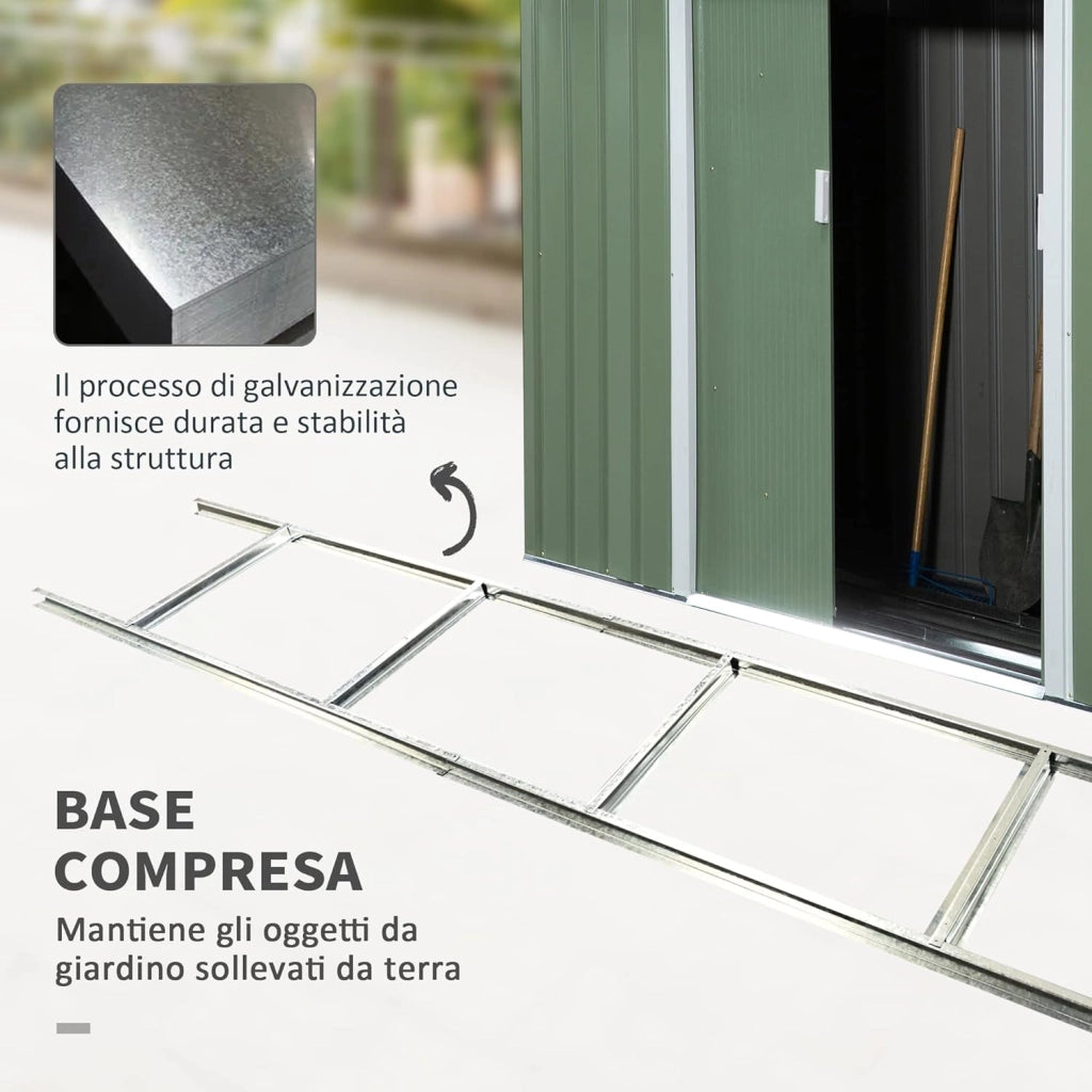 Casetta da Giardino in Acciaio con Tetto Inclinato, Doppia Porta Scorrevole e Prese d'Aria, 213x130x173 cm, Verde