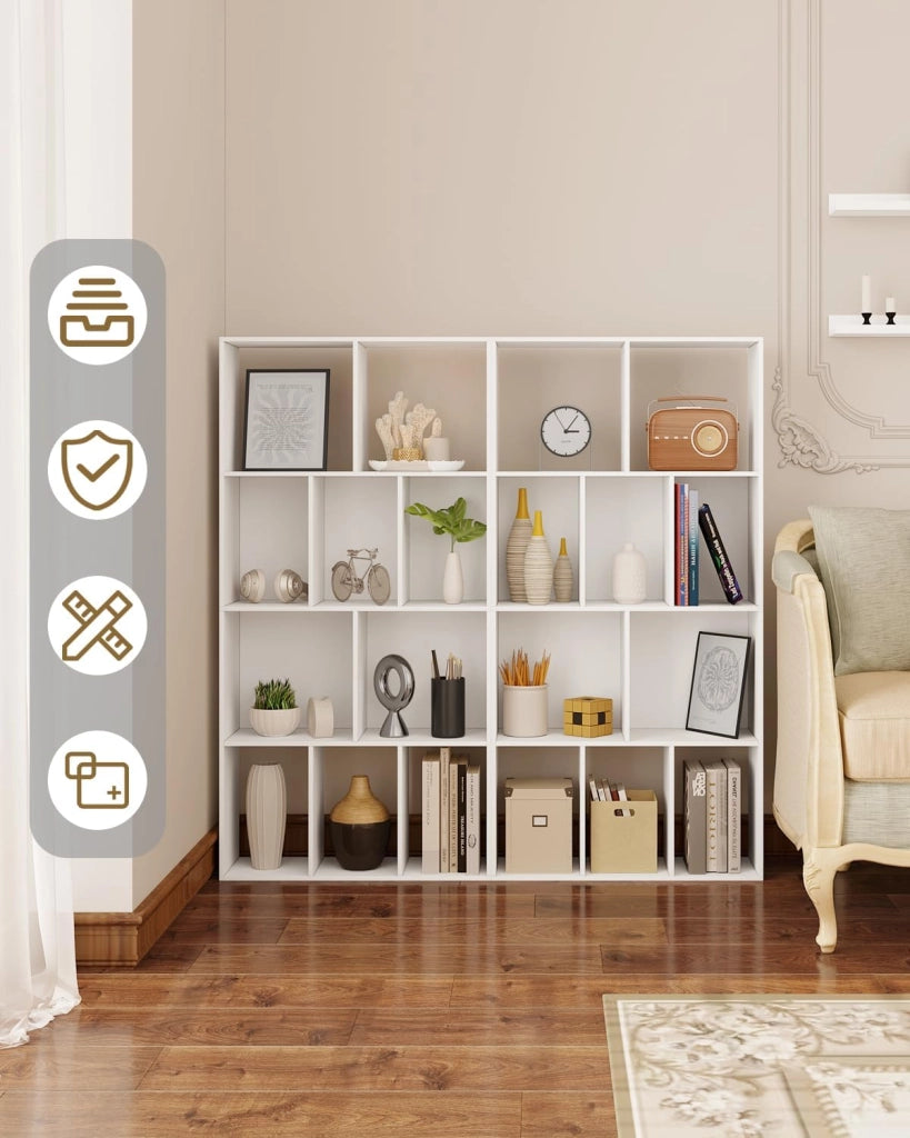 Scaffale da Soggiorno a 4 Ripiani, Libreria in Legno Salvaspazio con 10 Cubi Portaoggetti, Mobile Multiuso Moderno Bianco, per Studio, Camera da Letto, Cucina, Ufficio, 60x20x120cm