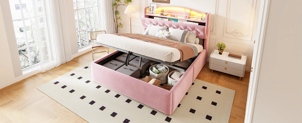 Letto imbottito matrimoniale 140 × 200 cm con contenitore idraulico, USB, USB-C et LED, senza materasso, rosa