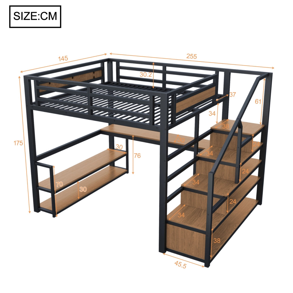 Letto a castello metallico nero con funzione contenitiva e tavolo dimensioni 140x200 cm