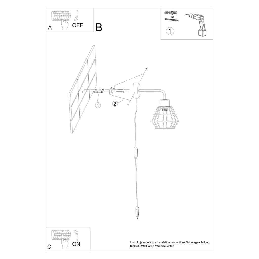 Applique industriale nera in metallo con interruttore E14