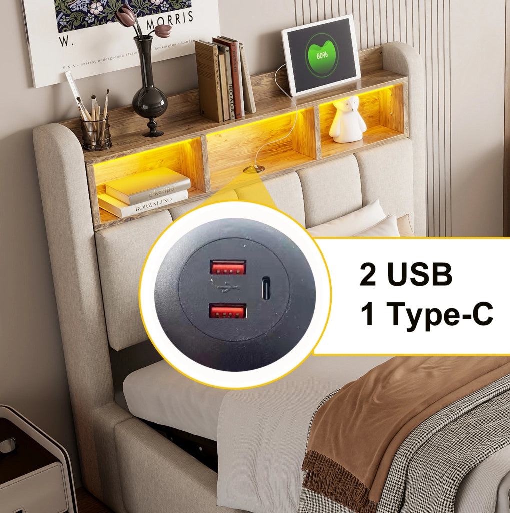 Letto imbottito con LED; USB e porta Type-C 90x200 cm in tessuto effetto lino beige