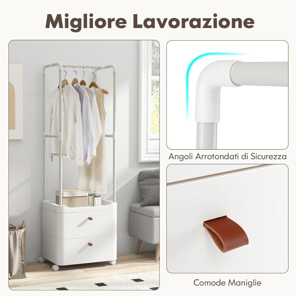 Appendiabiti con 2 Cassetti e Ruote Bloccabili, Stand Appendiabiti con 4 Ganci Rimovibili e Ripiani di Stoccaggio, Per Ingresso Camera da Letto Spogliatoio, 52x40x161 cm (Stile 1)