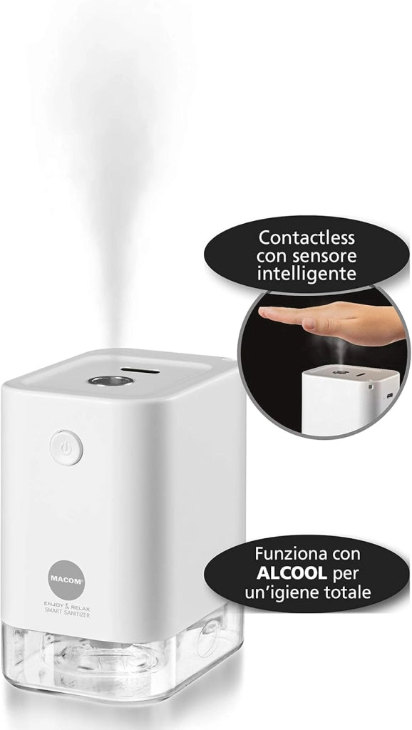 Macom enjoy & relax 877 smart sanitizer-sanificatore per mani cordless, ricaricabile con usb-contactless con sensore intelligente, bianco, travel size
