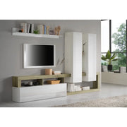 Set di mobili da soggiorno design con numerosi spazi di stoccaggio, collezione BURA. Colori bianco lucido e rovere cadiz.