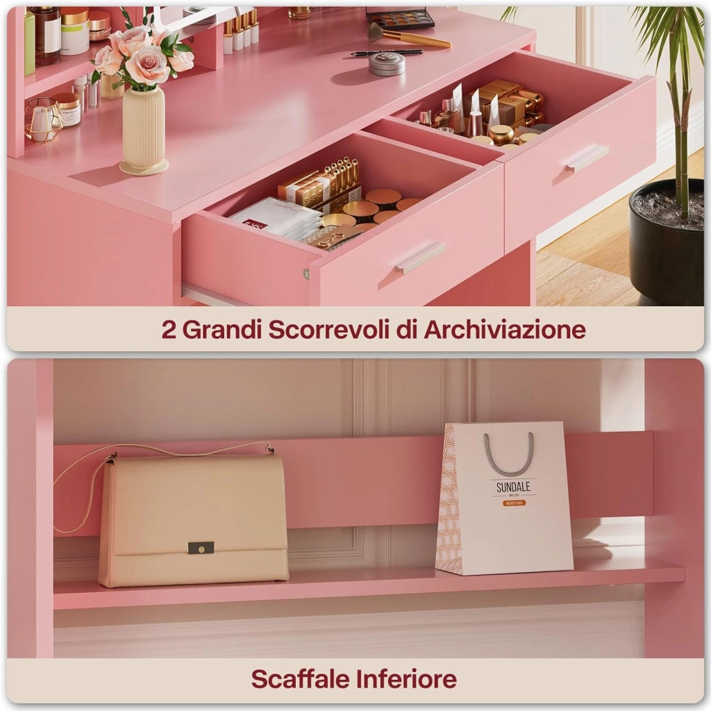 Toeletta da Trucco con Luci LED,Tavolo da Trucco con Sgabello, Postazione Trucco con Specchio,Scomparti Aperti, Ripiani Regolabili,Moderno,per Camera da Letto,Rosa