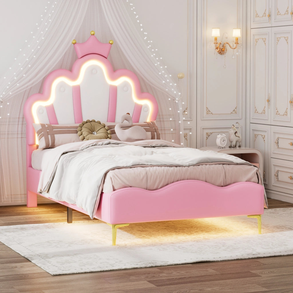 OKWISH Letto Bambini 90×200 cm, Letto Singolo con Corona, LED Regolabile e Testiera Imbottita, senza Materasso, PU, Rosa