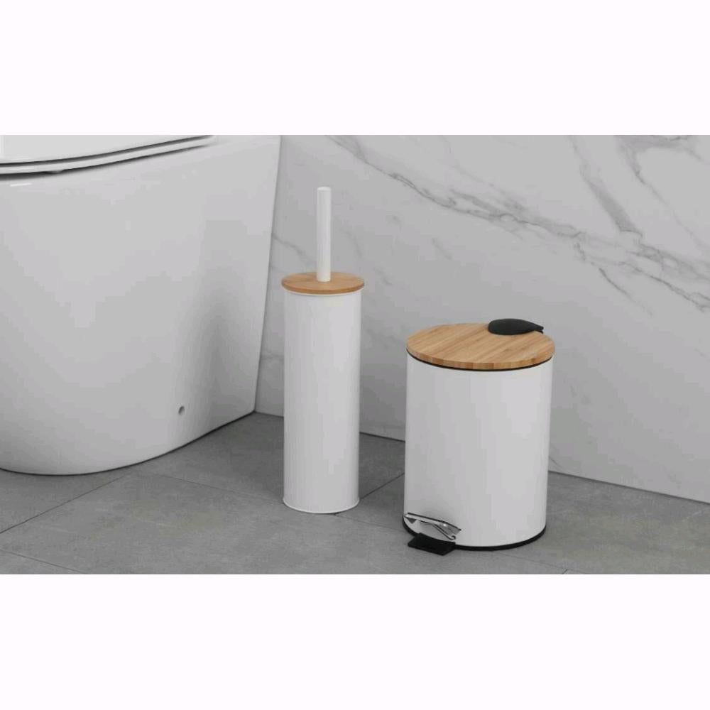 Portascopino per Bagno in Acciaio Colore Bianco Opaco e Bambù per WC