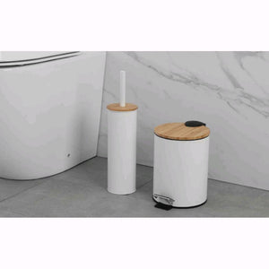 Portascopino per Bagno in Acciaio Colore Bianco Opaco e Bambù per WC