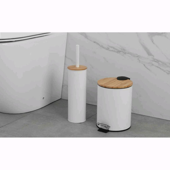 Portascopino per Bagno in Acciaio Colore Bianco Opaco e Bambù per WC