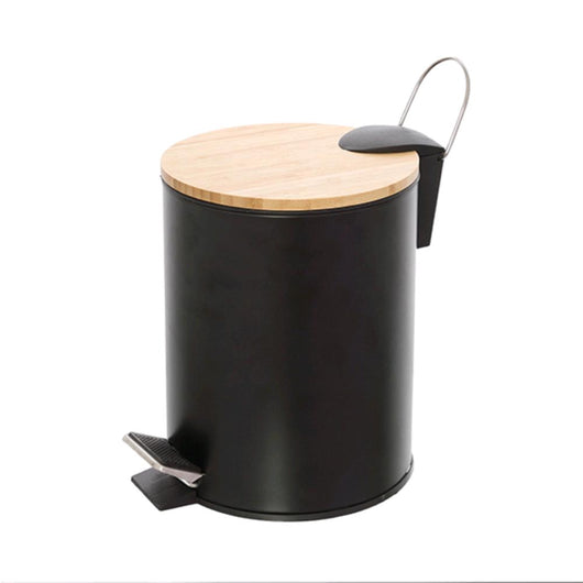 Pattumiera 3 Litri per Bagno in Acciaio Colore Nero Opaco e Bambù per WC