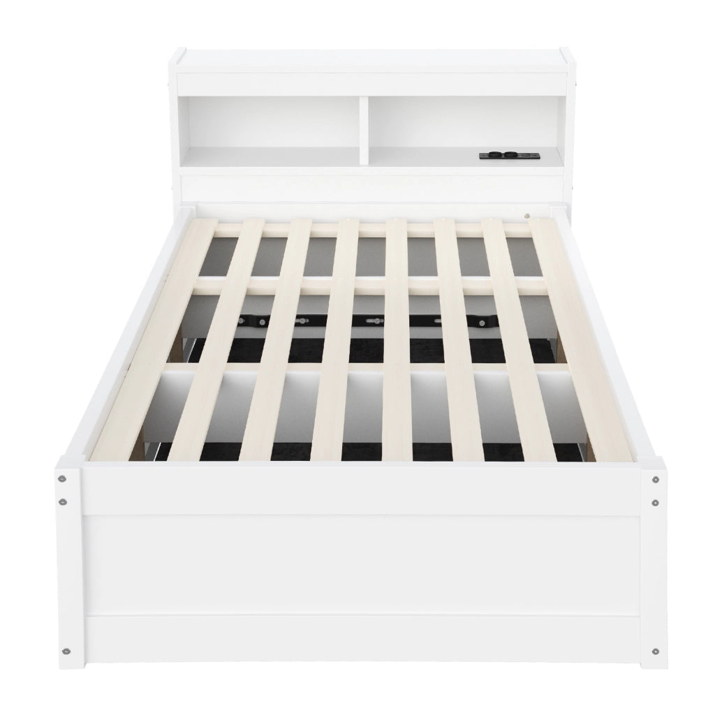 Letto Singolo 90 x 200 cm con Contenitore; Presa; LED e Scomparti in MDF; Bianco