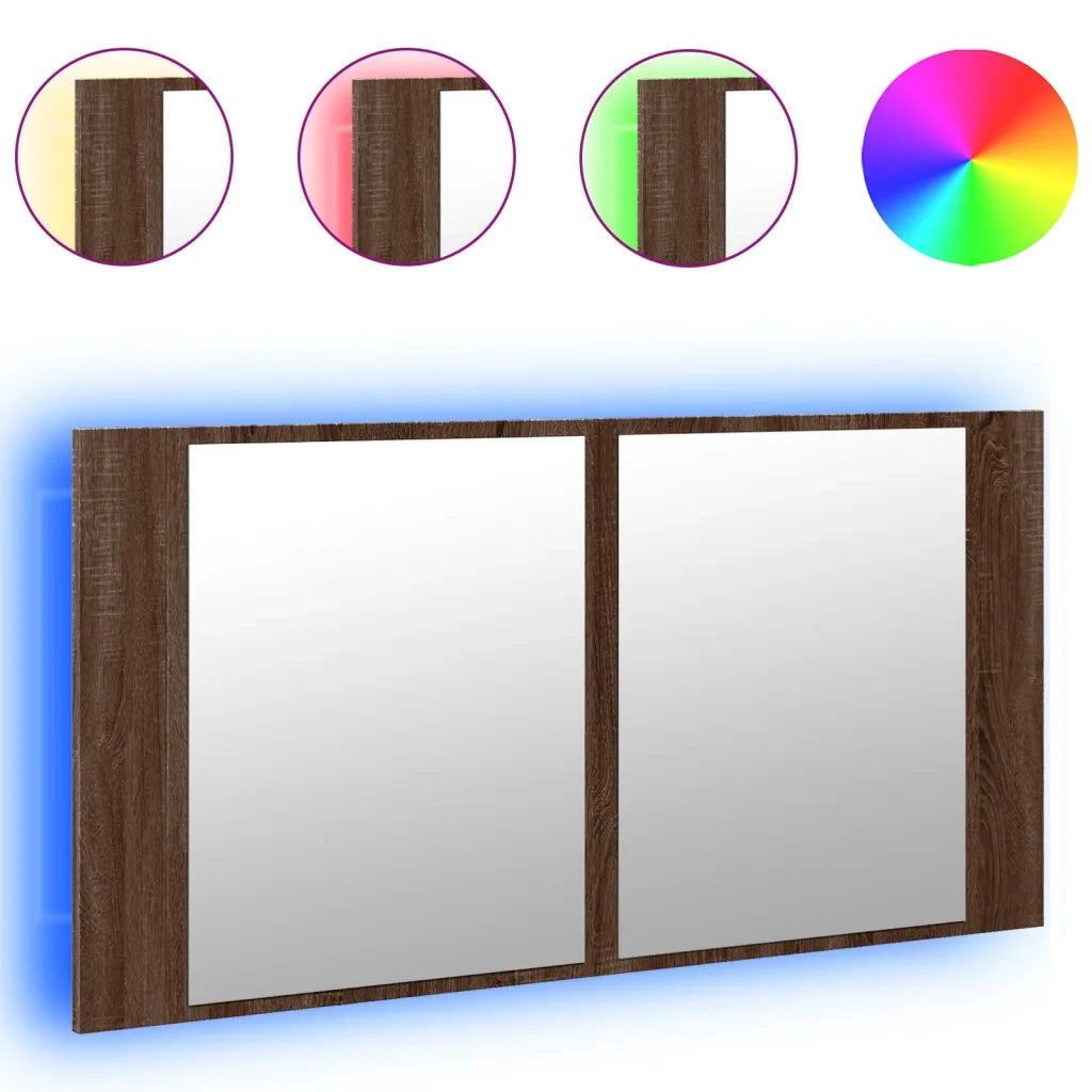 Armadietto Specchio con LED-Mobile bagno con specchio Rovere Marrone 90x12x45cm Acrilico