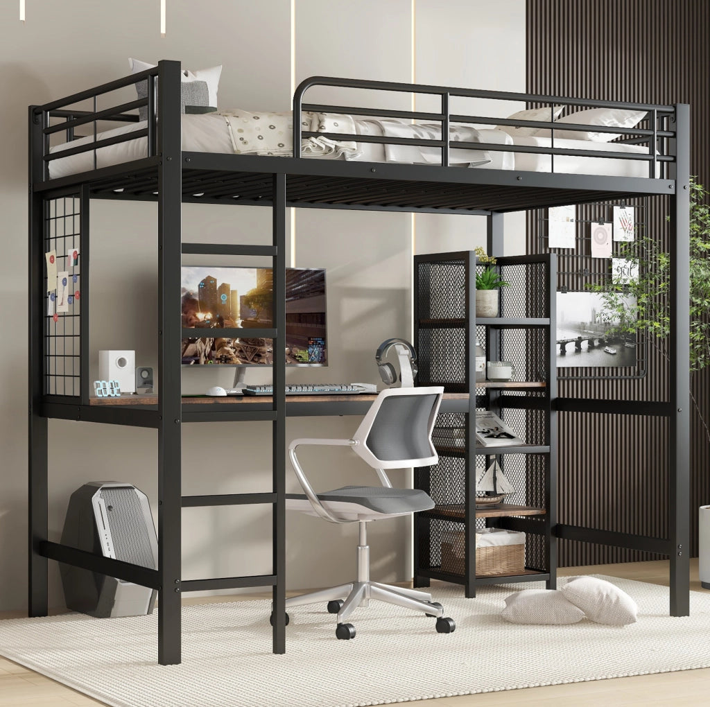 Letto a soppalco 90x200 cm con scrivania e vani portaoggetti in MDF e metallo nero e legno scuro