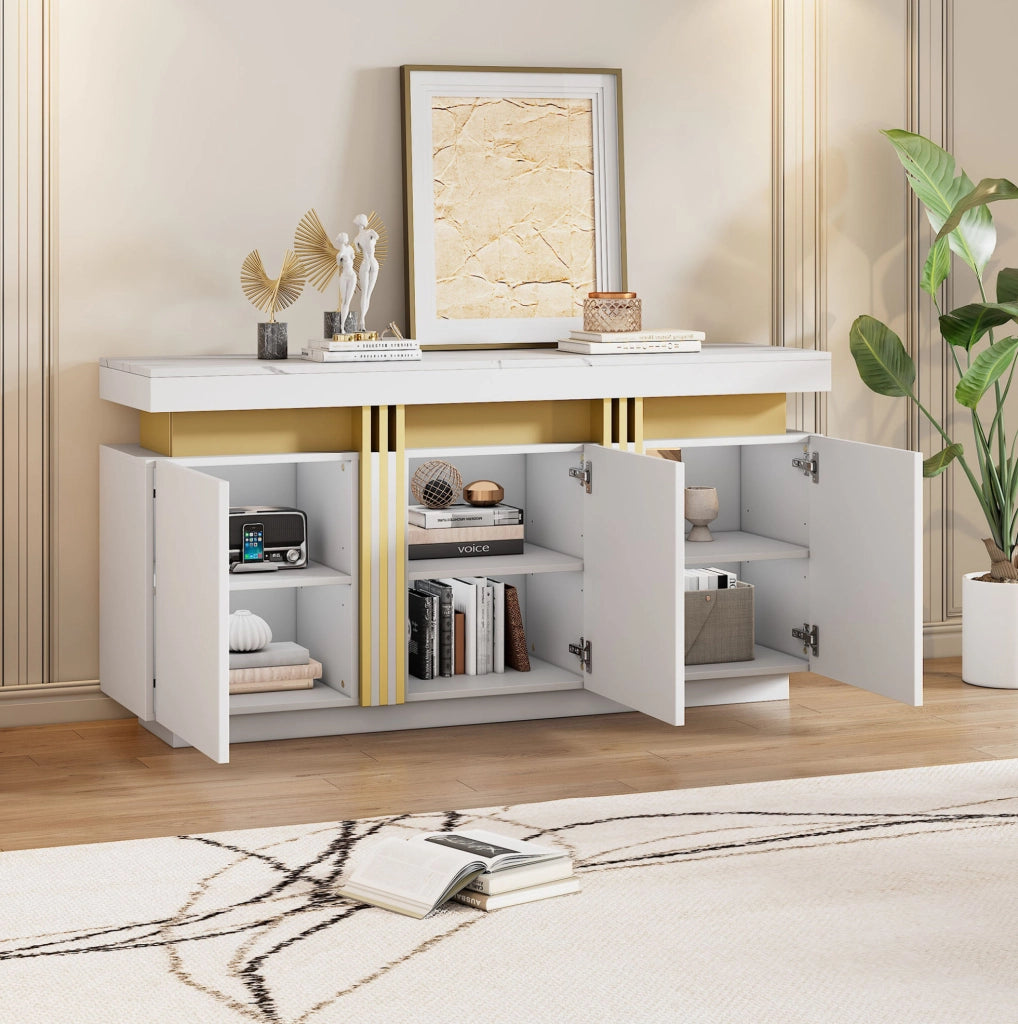 Credenza moderna bianca 140 x 38 x 70 cm con 3 ante e vani regolabili