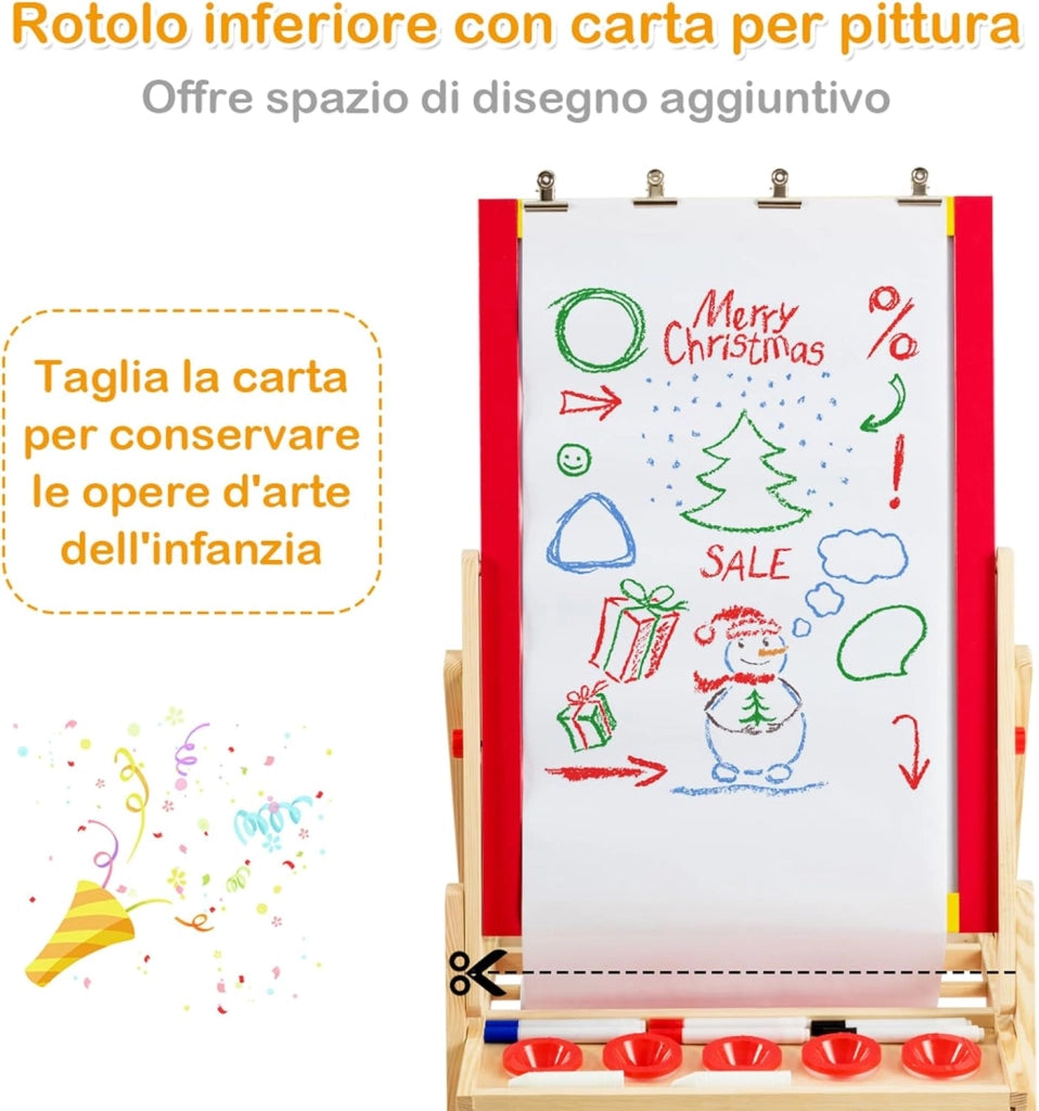 Cavalletto per Bambini 3 in 1, Lavagna Bifacciale, Cavalletto per Disegnare, con Rotolo di Carta, Magnetica, Accessori Completi, in Legno (52,5x51,5x106,5cm)