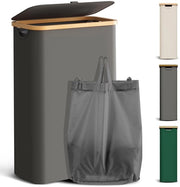 Wascuccia 48L con coperchio Slanciata raccolta acqua con sacco per la lavanderia Raccogli acqua pieghevole Cassetto per la lavanderia in legno di bambù Scatole per la lavanderia alte, grigio scuro