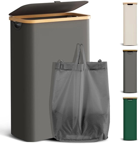 Wascuccia 48L con coperchio Slanciata raccolta acqua con sacco per la lavanderia Raccogli acqua pieghevole Cassetto per la lavanderia in legno di bambù Scatole per la lavanderia alte, grigio scuro