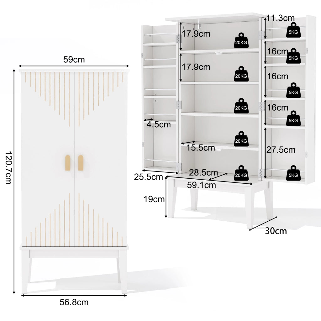 Credenza a 2 ante con 5 vani e chiusure a riga, per cucina, soggiorno e ingresso, in MDF bianco, 120 × 59 × 30 cm
