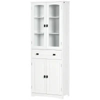 Credenza da Cucina Alta con 2 Armadietti e Cassetto, Ante a Vetri e Ripiani Regolabili, 60x30x160cm, Bianco
