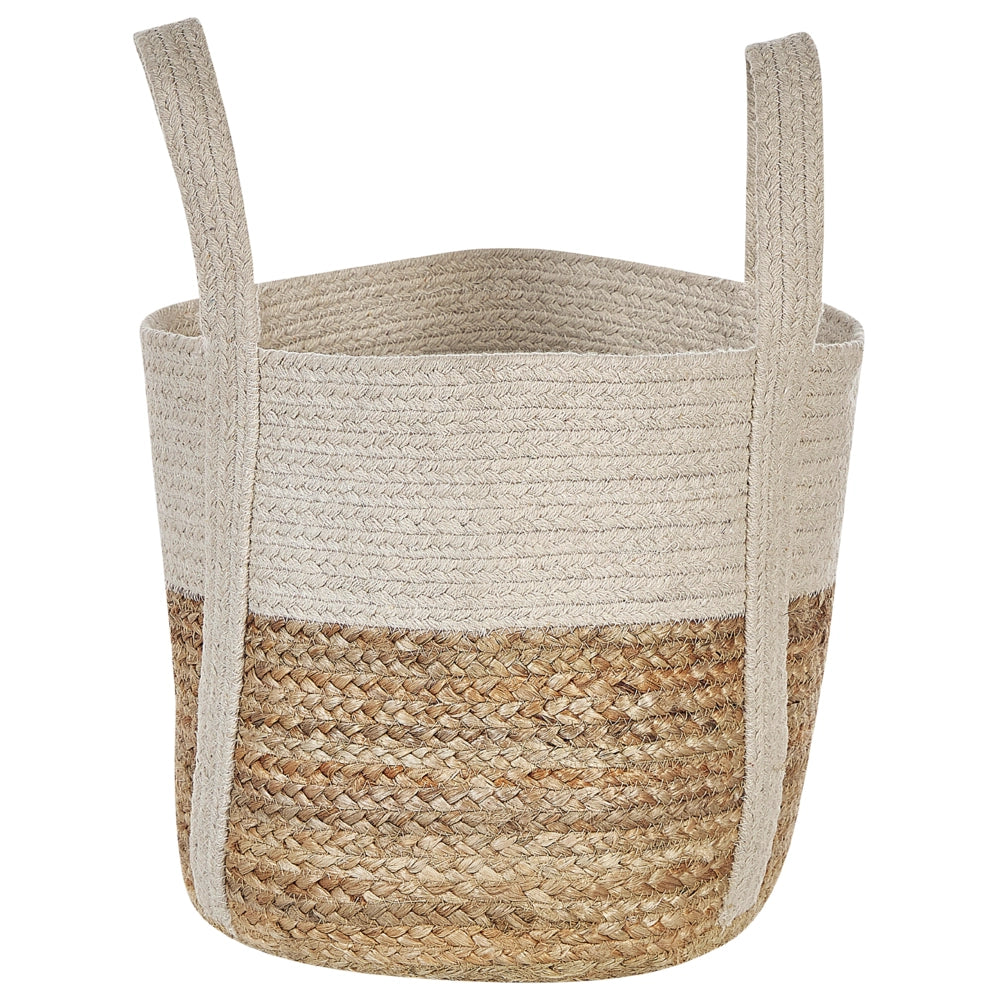 Cesto portaoggetti in juta e cotone beige e bianco Cesto portabiancheria intrecciato con manici