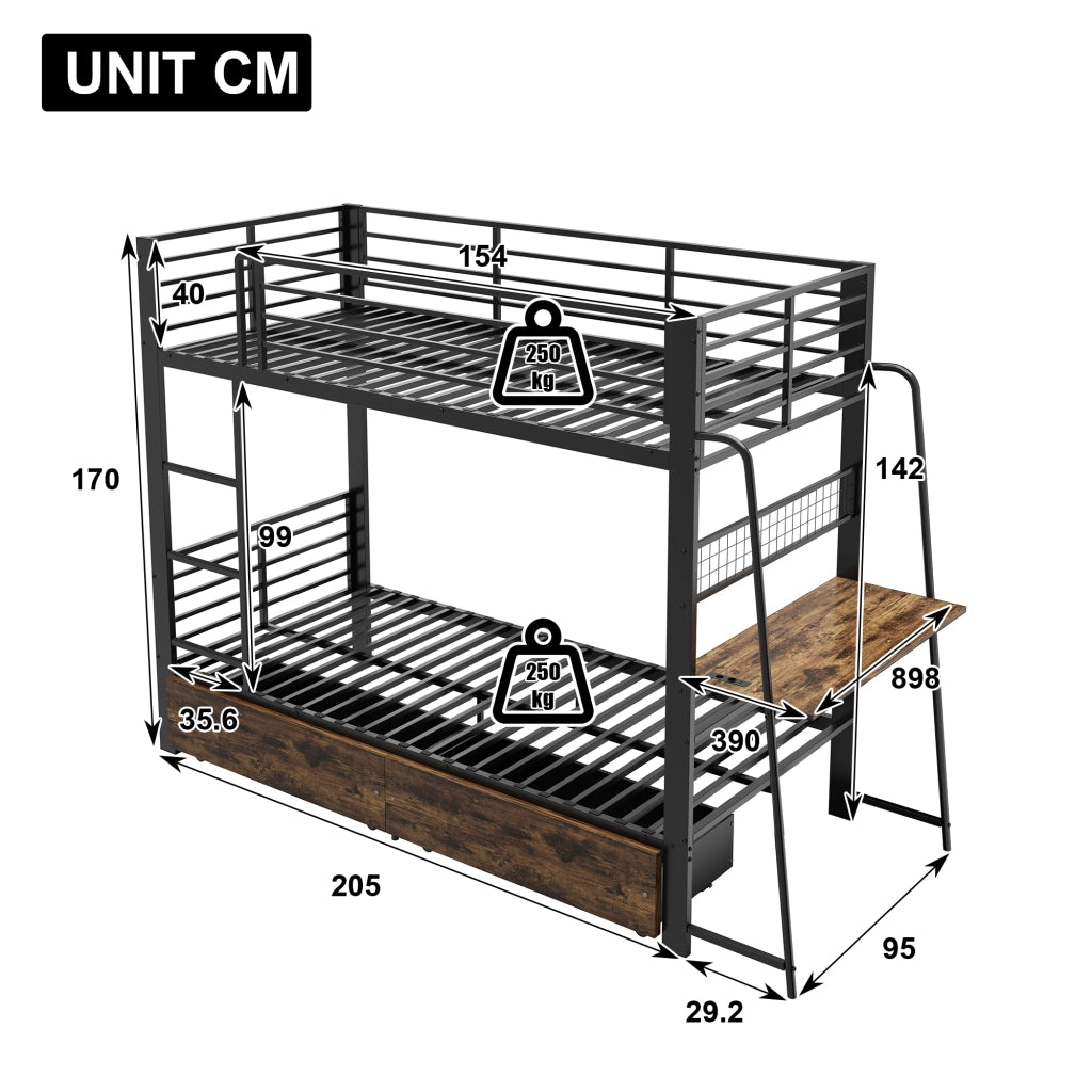 Letto a soppalco 90 × 200 cm con scrivania, LED e cassetti contenitore, senza materasso, nero